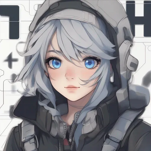 Prompt: A  girl soldier mathematician that in a anime like style and has a big blue eyes with long lashes pointy nose and cute lips and has gray hair that has black highlight at the and a cool clothes and her background is math signs (stable diffusion xl 1.0)