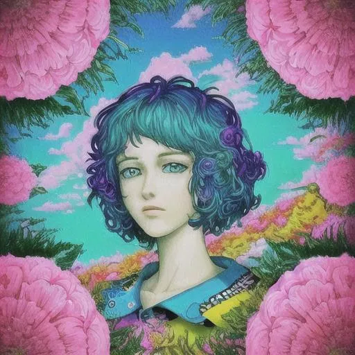 Prompt: Vaporwave, aesthetic, flowers, collage, psychodelic art, 80's colors, clouds, nature, peace, chill, fancy