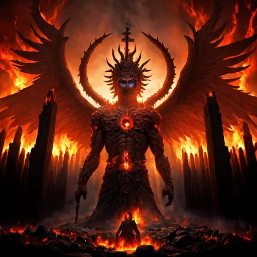 Prompt: Dark ancient god waking from long slumber in a post Apokalyptical burning world one step away from the entrance to the Purgatory, surrounded by Suffering tormented souls and sinister creatures,sinner,underworld,undead,evil,hell,devil,darkness,Takeshi Oda,