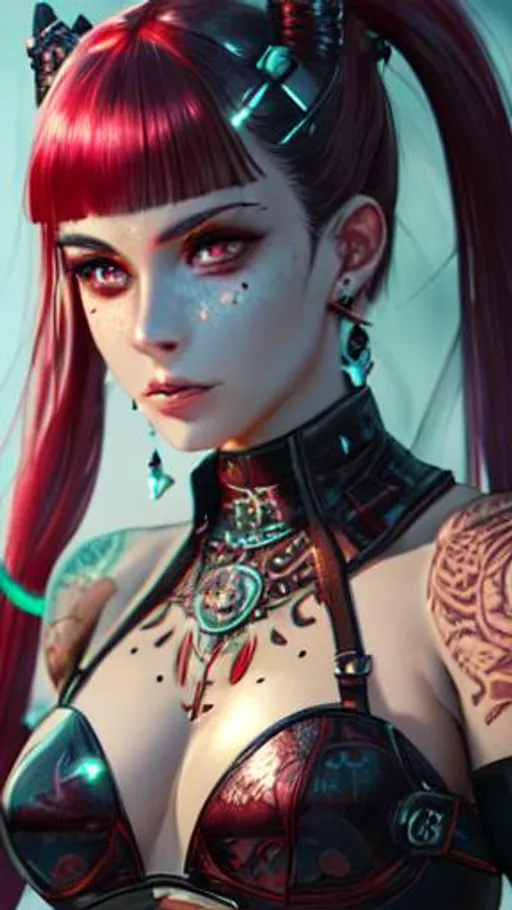 Prompt: Science fiction, fantasy, Clear, high resolution, 8k, of a bloodied futuristic, satanic, cyberpunk, royal inspired, freckled, female warrior in an action pose. bloody, sadistic, detailed, intricate pigtails and bangs , tattooed, futuristic, clear eyes. Crisp image, extremely detailed face. Intricate background. 