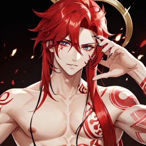 Prompt: Zerif 1male (Red hair covering his right eye) with tattoos

