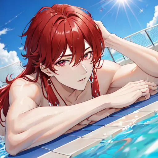 Prompt: Zerif 1male (Red side-swept hair covering his right eye) 8K, UHD, best quality, swimming at the pool