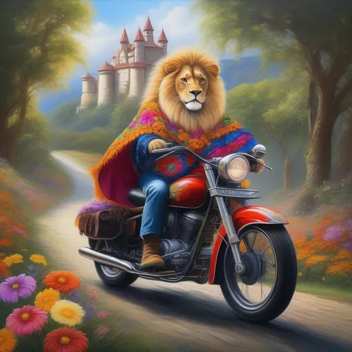 Prompt: High-resolution realistic painting of an old furry lion (Beautiful {Sugarskull} and happy face), graying hair of flowers, wearing a psychedelic poncho with tropical flowers on it, riding a big trail motorcycle. with a medieval castle in the background,