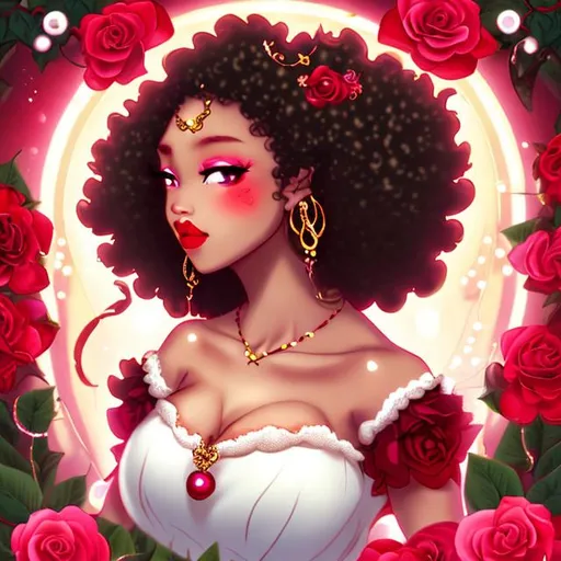 Prompt: very light pink regal curly hair, black girl,  brown skin, one red rose in hair,  red eyeshadow, glowing red heart eyes, white pearl necklace, red lips, elegant, sensual romantic enchantress rpg.