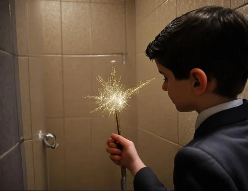 Prompt: 13 year old boy cast a crazy magic spell on someone inside the toilet stall with his magic wand from the outside. Only show the outside of the stall. Lots of sparkle magic from the magic spell spewing out from the top of the stall. Show the boy in the tuxedo with his magic wand casting the spell outside the stall 