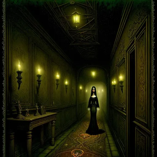 Prompt: a dark corridor, intricate scene, ultra fine details, dreadful, dark, victorian, concept art by Benjamin Lacombe, Victoria Francés and Mark Ryden