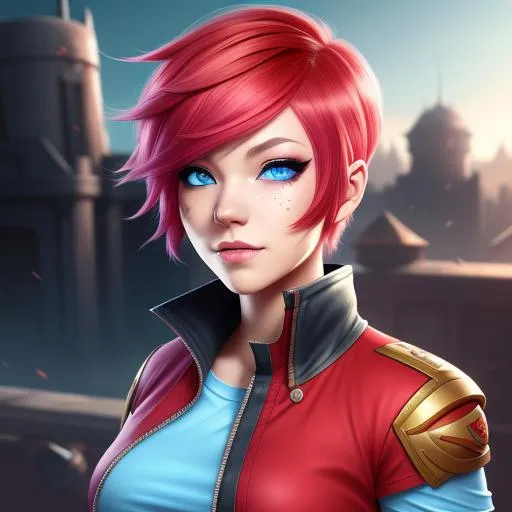 Prompt: Vi from League of Legends wearing a causal red shirt with light blue eyes, 4k, UHD, artgerm, red hair, pixie cut, hyper-realistic, 4D, city background