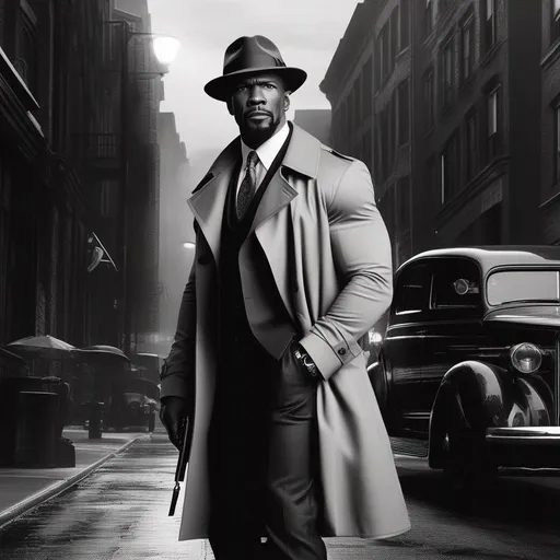 Prompt: Terry Crews as a private detective, dressed in a trenchcoat and fedora, UHD, Black and White, Call of Cthulhu