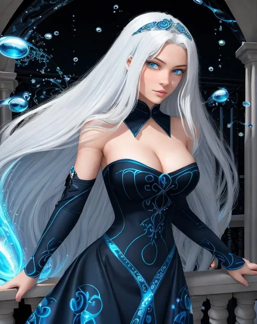 Prompt: A beautiful young 15 year old ((British)) Water elemental with light skin and a beautiful face. She has long white hair and white eyebrows. She wears a beautiful dark blue dress. She has brightly glowing dark blue eyes and water droplets shaped pupils. She wears a blue tiara. She has a blue aura around her. She is standing by a balcony in a blue castle. Beautiful scene art. Full body art. {{{{high quality art}}}} ((goddess)). Illustration. Concept art. Symmetrical face. Digital. Perfectly drawn. A cool background.