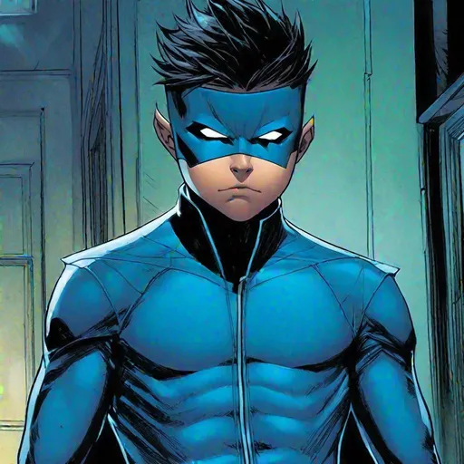 Prompt: Damian Wayne in blue spandex. Detailed, well draw face.Dc comics art, comics art. 2d. 