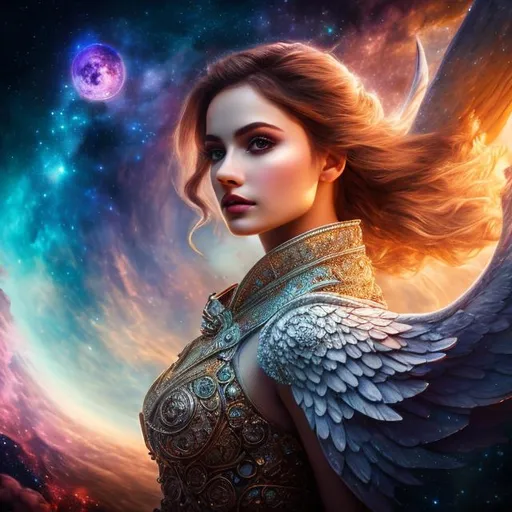 Prompt: create a photograph of beautiful fictional female angel, extremely, detailed environment, detailed background,planets an nebulae in sky highly detailed, intricate, detailed skin, natural colours , professionally colour graded, photorealism, 8k, moody lighting
