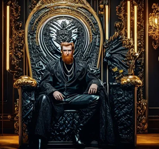 Prompt: forty-year-old man seated in a black leather throne, black leather interior, he is dressed like a king and holding a sceptor, the black throne is inside a large dimly lit modern bedroom, lush, sensual, detailed face, detailed expression, ginger hair,