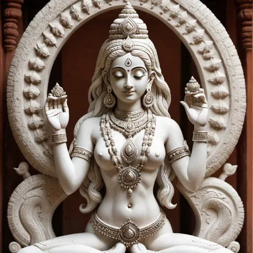 Prompt: Indian Statue, female wisdom godess, otherwordly, delicate jewellery, made of white stone, yoga pose, snake around neck