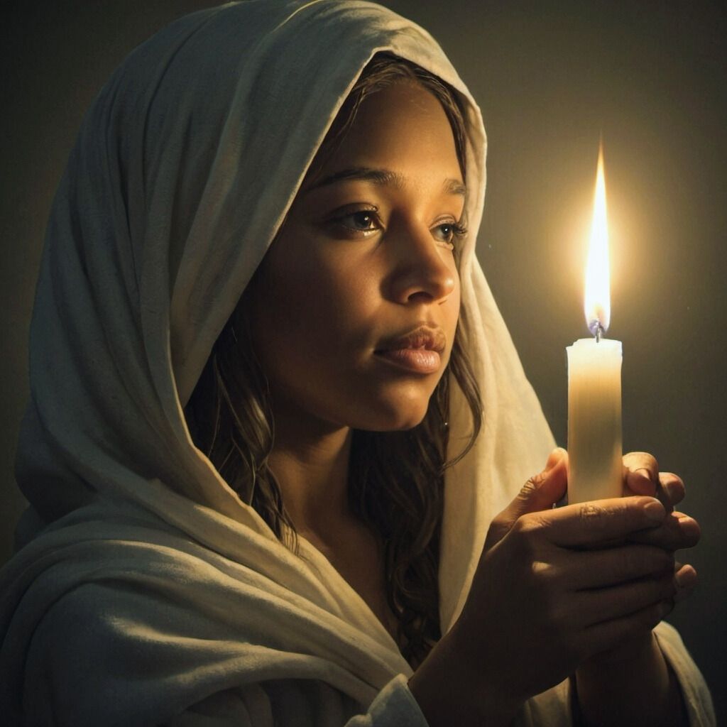 Prompt: a photo of a young person holding a candle lighted