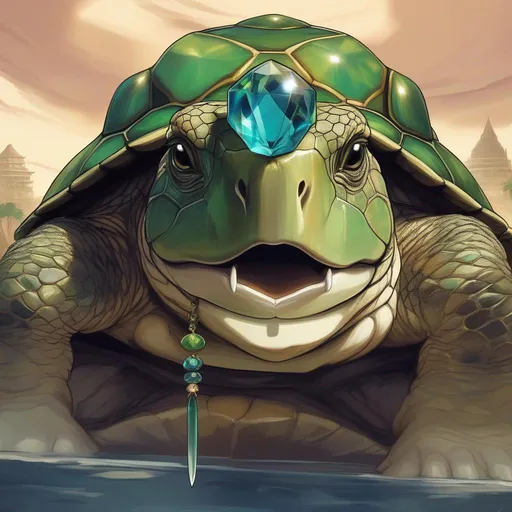 Prompt: a gargantuan turtle, with a gemstone shell, a lion's head, tusks emerging from upper lips, RPG art, Anime art, 2D art, 2D, majestic
