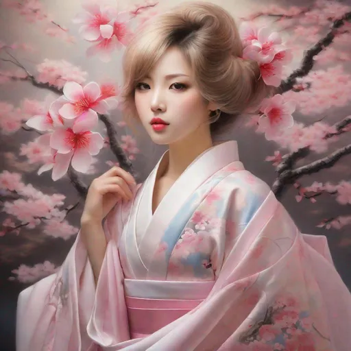Prompt: Resurrection, kimono, sakura bloosomm, billet light, masterpiece, in airbrush style