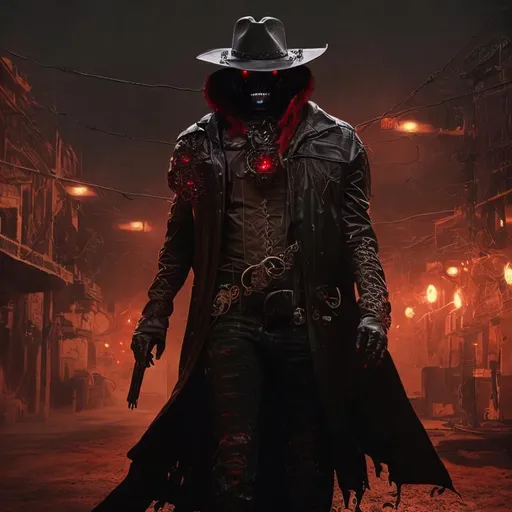 Prompt: Cyber Cowboy with 4 Arms, fiery red Poncho, Dressed in black duster and Stetson Cowboy Hat, with Red eyes, Haunting Presence, Intricately Detailed, Hyperdetailed, Desert Wild West Landscape, Dusty Midnight Lighting, Wild West Feel