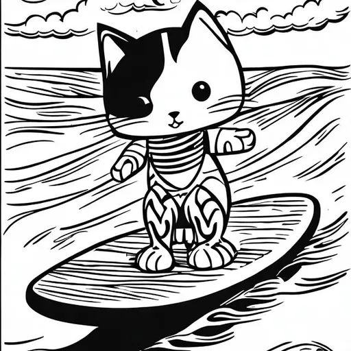 Prompt: One cute cat balancing on a surf board, black and white, coloring pages 