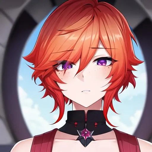 Prompt: Erikku male (short ginger hair, freckles, right eye blue left eye purple) UHD, 8K, Highly detailed, insane detail, best quality, high quality, Upset