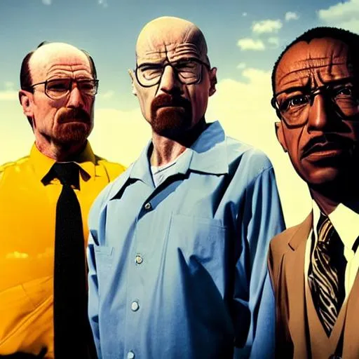 Prompt: Saul Goodman, Walter White and Gustavo Fring standing in a line, angled, menacing stare and face, black background, hyperrealistic 