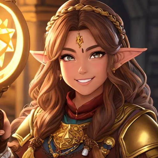 Prompt: oil painting, D&D fantasy, gold dwarf girl, tanned-skinned-female, stocky, beautiful, short bright dirty brown hair, wavy hair, smiling, pointed ears, looking at the viewer, cleric wearing intricate adventurer outfit, #3238, UHD, hd , 8k eyes, detailed face, big anime dreamy eyes, 8k eyes, intricate details, insanely detailed, masterpiece, cinematic lighting, 8k, complementary colors, golden ratio, octane render, volumetric lighting, unreal 5, artwork, concept art, cover, top model, light on hair colorful glamourous hyperdetailed medieval city background, intricate hyperdetailed breathtaking colorful glamorous scenic view landscape, ultra-fine details, hyper-focused, deep colors, dramatic lighting, ambient lighting god rays, flowers, garden | by sakimi chan, artgerm, wlop, pixiv, tumblr, instagram, deviantart