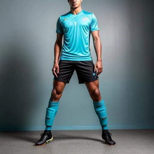Prompt: 25 year old male soccer player posing wearing a turquoise shirt and black shorts. Turquoise sox. Black shoes. hyperrealistic. full body.
