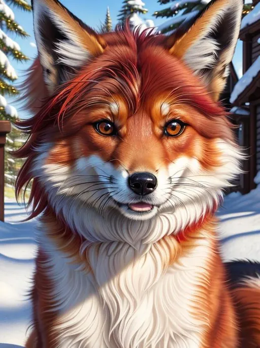 Prompt: (8k, masterpiece, oil painting, professional, UHD character, UHD background) beautiful Portrait of Vixey, Fox and Hound, close up, mid close up, brilliant glistening red fur, brilliant amber eyes, big sharp 8k eyes, sweetly peacefully smiling, detailed smiling face, (extremely beautiful), (open mouth, uv face, uwu face),  alert, curious, surprised, cute fangs, complementary colors, extremely detailed eyes and face, enchanted snowy garden, vibrant flowers, vivid colors, lively colors, vibrant, high saturation colors, flower wreath, detailed smiling face, highly detailed fur, highly detailed eyes, highly detailed defined face, highly detailed defined furry legs, highly detailed background, full body focus, UHD, HDR, highly detailed, golden ratio, perfect composition, symmetric, 64k, Kentaro Miura, Yuino Chiri, intricate detail, intricately detailed face, intricate facial detail, highly detailed fur, intricately detailed mouth