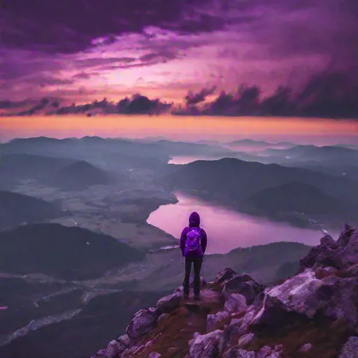 Prompt: A picture Hiker in the top of a moutain during the sunset with purple clouds, a magnificent view, that somehow feels empty