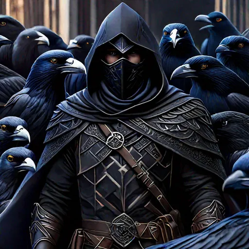 Prompt: realistic photo of hooded and ((covered mouth)) ranger of Arnor, surrounded by crows, Bree town background, 4k, highly detailed, intricate details, 