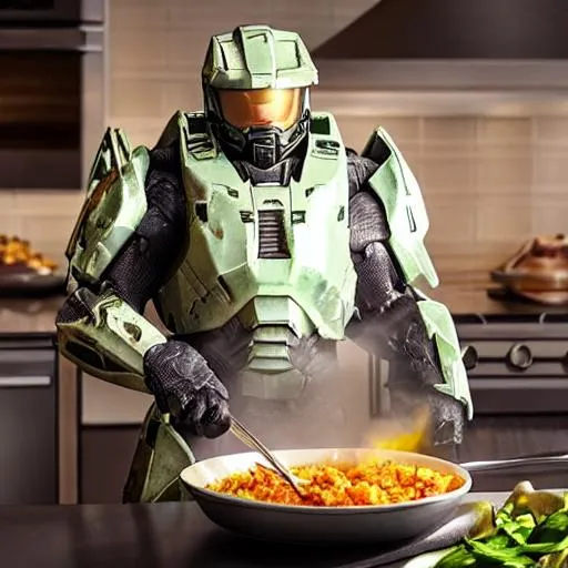 Prompt: Master chief cooking food, 4k, hyper realistic.