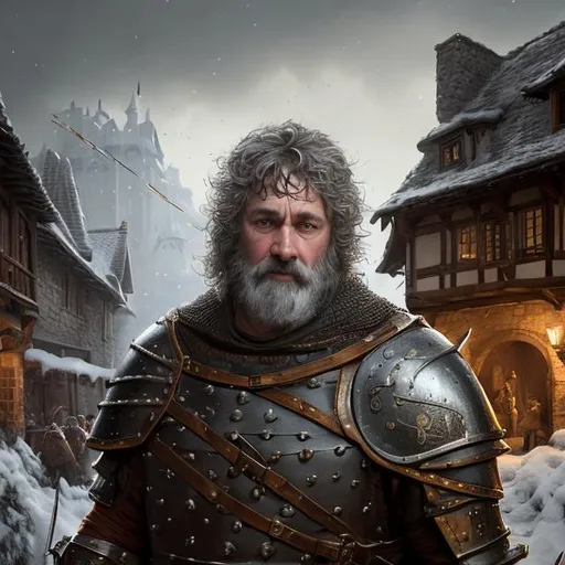 Prompt: Portrait of a middle age male  and with cute face, that guard and protect a small Village in a medieval world, perfect composition, hyperrealistic, super detailed, 8k, high quality, trending art, trending on artstation, sharp focus, studio photo, intricate details, highly detailed, by greg rutkowski