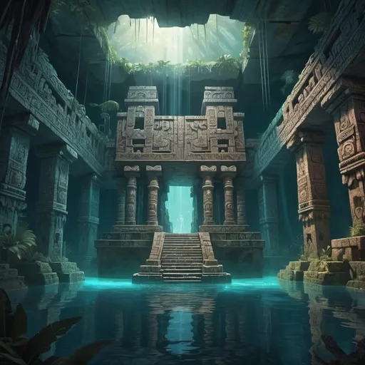 Prompt: Fantasy illustration of an cenote, aztec architecture, intricate carvings and ornate details, immersive world-building, high quality, ghostly atmosphere, detailed, epic scale, fantasy, game style