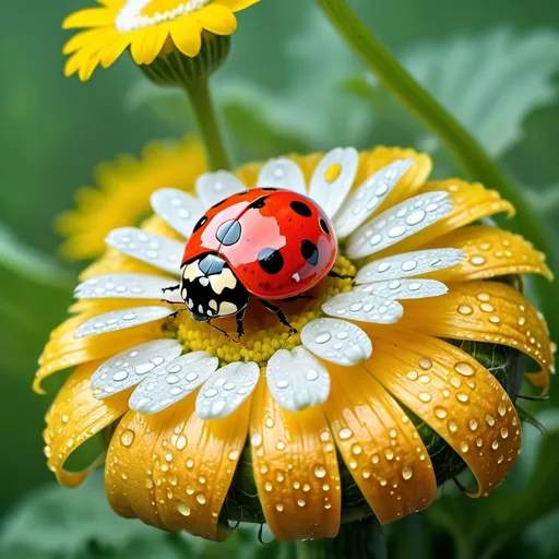 Prompt: a ladybug with a golden shell and silver spots is sitting on a watermelon in a bouquet of daisies in the rain