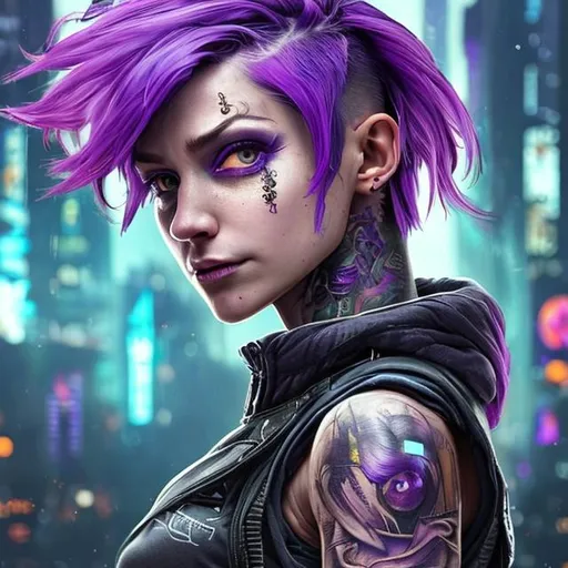 Prompt: best quality, masterpiece, realistic, detailed, woman, sfw, arm tattoo, cyberpunk fashion, Short pixie with long straight hair and undercut, big purple eyes, (looking at viewer:1. 2), (high angle shot:1. 3), colorful tattoos, blue and pink hair, detailed background, Sabine Wren, in the night city, portrait, smiling, seductive look, night, close up face shot, soft lights, 8k, realistic, Nikon z9, raytracing, focus face