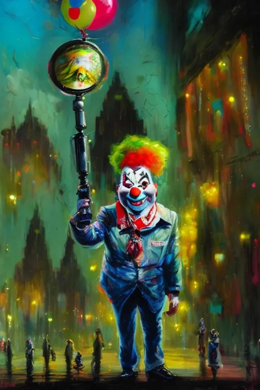 Prompt: Ugly smiling clown holding big photographic camera.  Standing on the street. Peple walking. Scarry. hyper detailed, trending on artstation, beautiful, radiant, ralph steadman, oil on canvas, beksinski, yellow and green