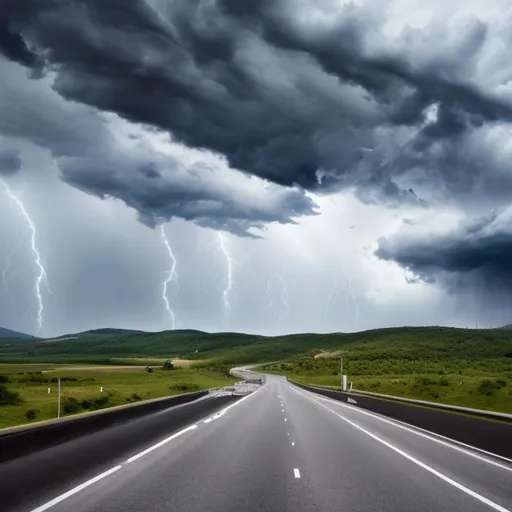 Prompt: Highway that doesn't make sense at day with thunderstorm clouds