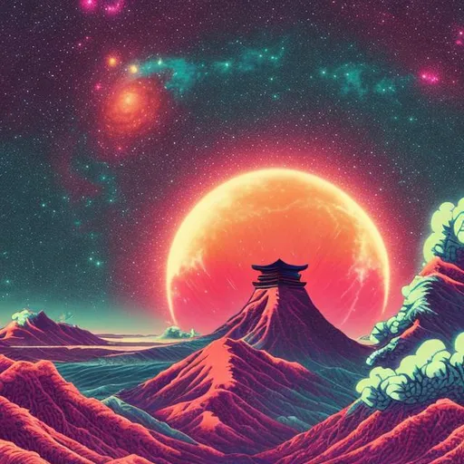 Prompt: retro imperial japan, retrowave, neon, synthwave, vaporwave, highly detailed, galaxy sky, cosmos