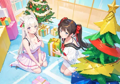Prompt: masterpiece, 2 girls, holding present, Christmas tree, party room 