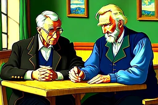 Prompt: Two elderly men sit at a table across from each other holding hands. One can see clearly that these two men love each other very much. The mood is soft in color. In the style of Vincent Van Gogh