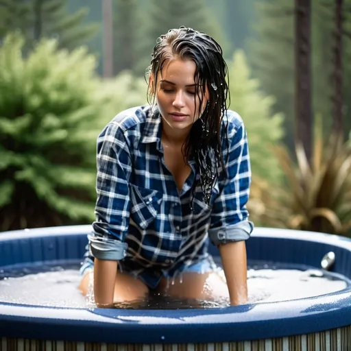 Prompt: photo of young woman, soaking wet clothes, army boots, long ripped blue jeans, plaid button down shirt,  , soaking in a hot tub,   enjoying, water dripping from clothes, clothes stuck to body,  detailed textures of the wet fabric, wet face, wet plastered hair,  wet, drenched, professional, high-quality details, full body view.