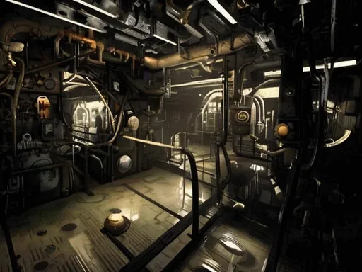 Prompt: Dark hallway on the submarine with many doors