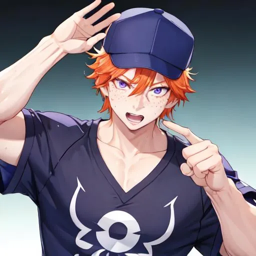 Prompt: Erikku male (short ginger hair, freckles, right eye blue left eye purple) muscular, UHD, 8K, Highly detailed, insane detail, best quality, high quality. hands in the air, wearing a sideways baseball cap