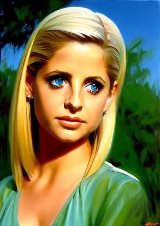 Prompt: Facial potrait of a young Sarah Michelle Gellar from Buffy the Vampire Slayer Season 3, blonde hair, green eyes, sunny weather, shirt, 80s, vivid colors, looking at the camera, extremely detailed painting by Greg Rutkowski and by Henry Justice Ford and by Steve Henderson