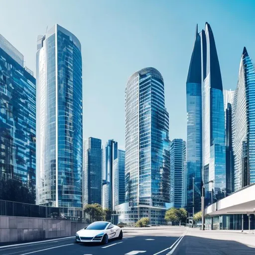 Prompt: Modern tall buildings city background black road with white tesla model S cars nice weather sunny day light blue sky high resolution 4k