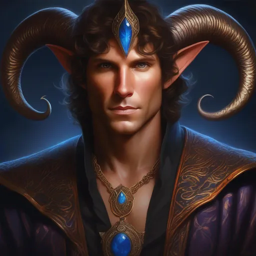 Prompt: (masterpiece, professional oil painting, epic digital art, best quality), Todd Howard as a tiefling sorcerer, with intricately detailed skin, has a chain around his neck, looking smugly at the viewer,