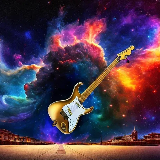 Prompt: panoramic view of a gold turkey playing guitar on the street corner, vanishing point perspective, galaxy and nebula background