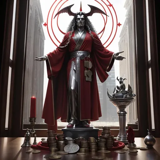 Prompt: Man with hazel eyes long curly hair in a red robe facing forward, baphomet statue, a pile of coins on a desk, silver plate, shining pyramid, black orb on a desk, spirits wandering around the room, large windows looking out into the sky in the background