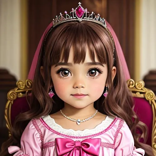 Prompt: A 5 year old princess wearing pink, brown hair,  tiara with rubies, facial closeup