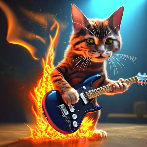 Prompt: cat playing the electric guitar, HD, high resolution, 4k, 3d, third person, make cat dance on its hind legs, add flames in background