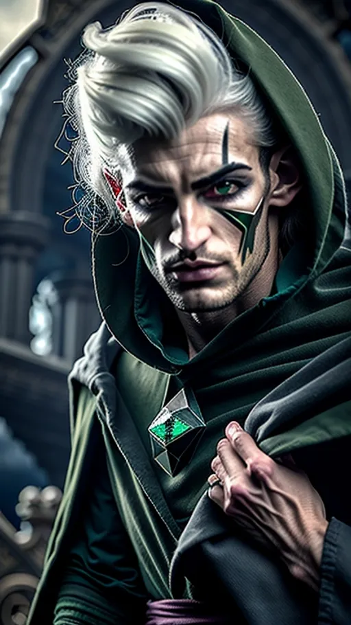 Prompt: A profile of dark elf man with obsidian skin and emerald green eyes with black pupils, with exotic white hyperrealistic hair and sparse, angular facial hair, with a piercing in his left brow, elven man dressed in a hooded cloak, holding two scimitars, village in the background 